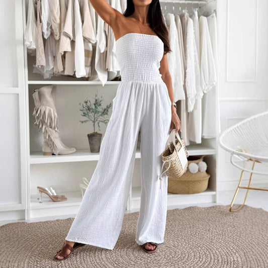 Solid color one-shoulder cinched-waist jumpsuit