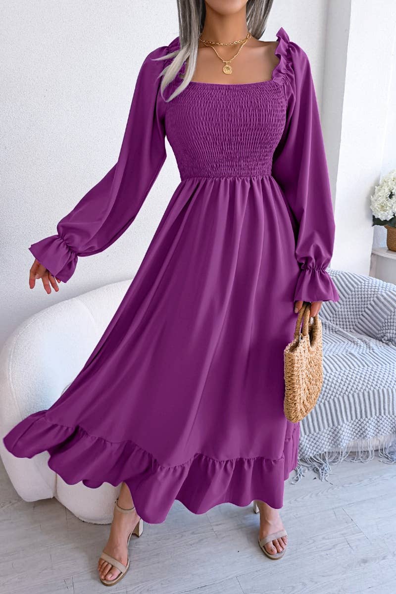 CWDMD2663_RUFFLED DRESS WITH SQUARE COLLAR FLARED SLEEVES