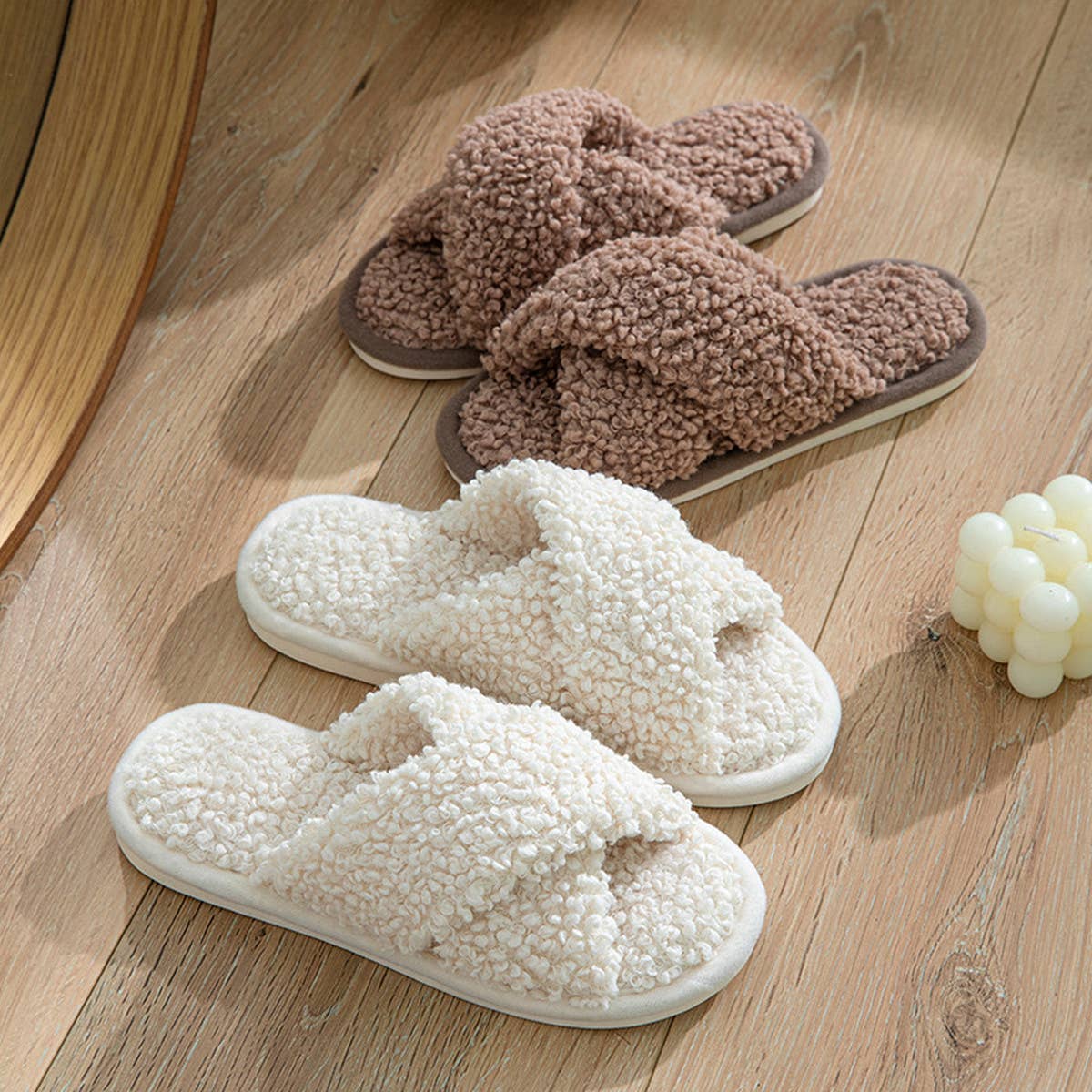 FURRY CROSS STRAP COTTON SLIPPERS