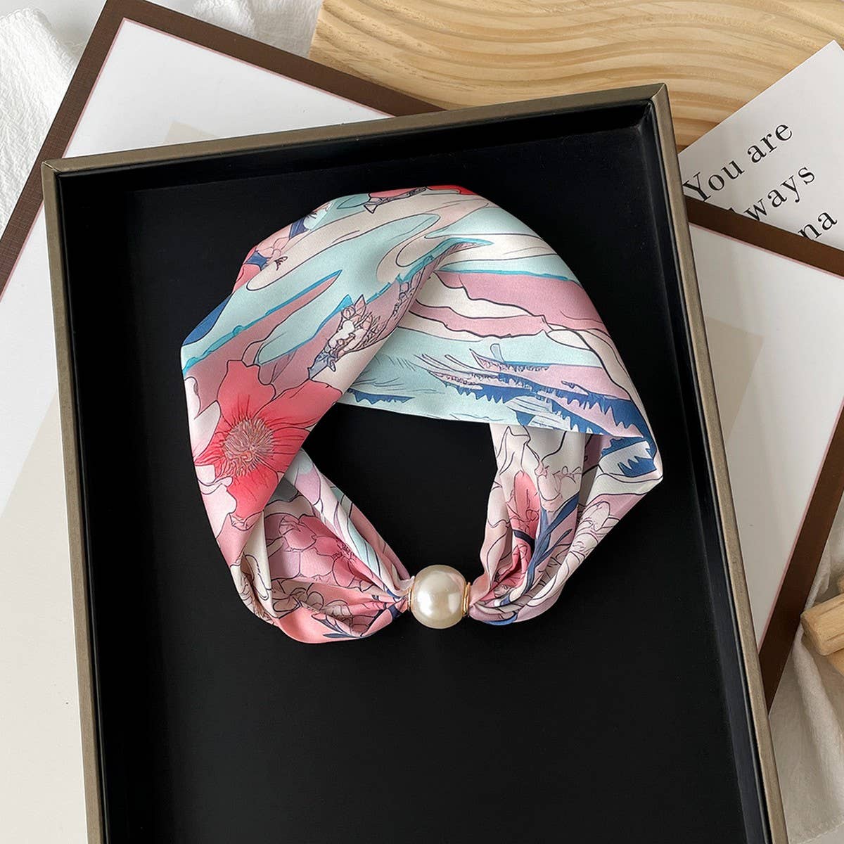 Silky Print Scarf Necklace ? Pearl Magnetic Clasp