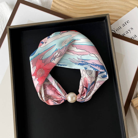 Silky Print Scarf Necklace ? Pearl Magnetic Clasp