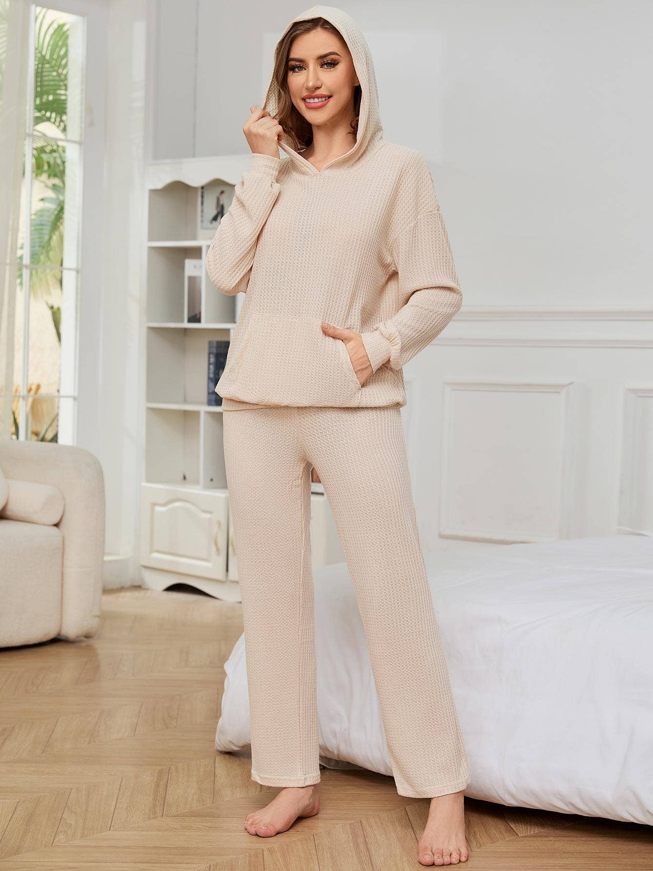 WAFFLE TWO-PIECE LOUNGEWEAR WITH LONG SLEEVES