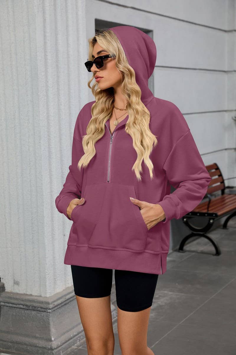CWOHOL00664_SOLID LOOSE FIT ZIP UP HOODED SWEATSHIRT