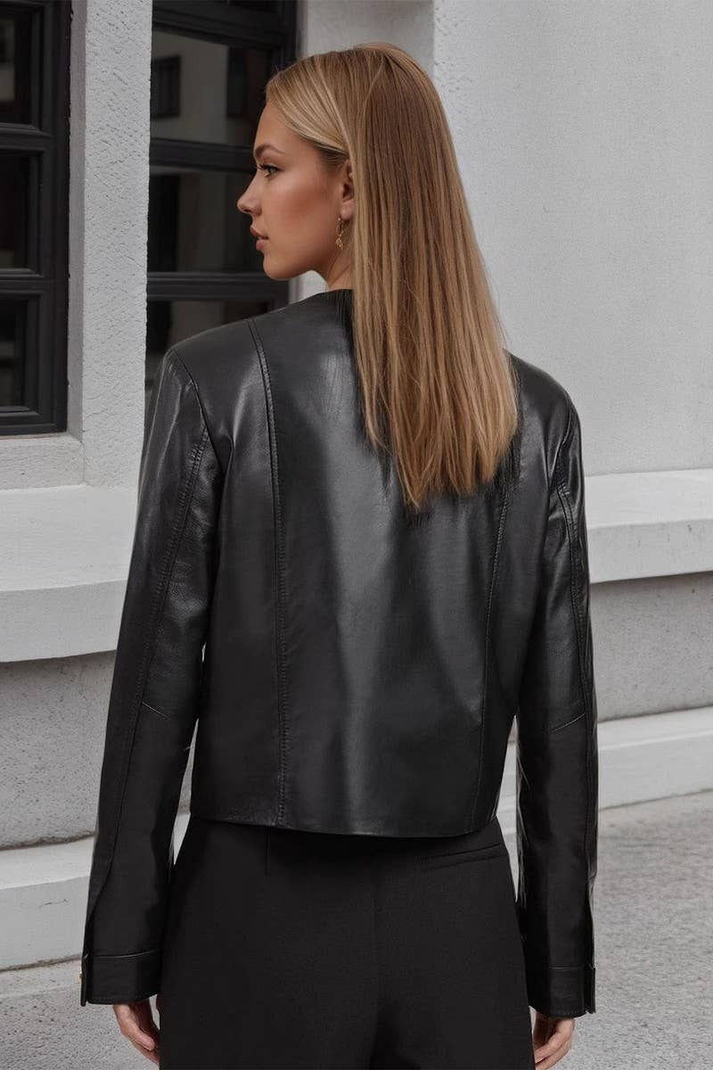 CWOHOL1147_ROUND COLLAR METAL BUTTON SHORT PU LEATHER JACKET