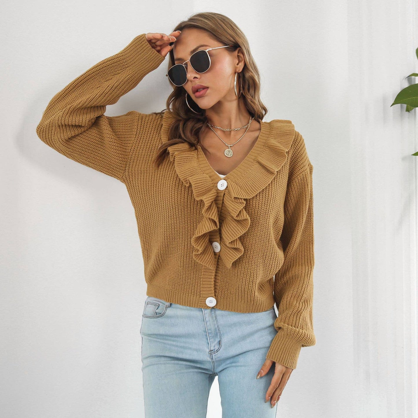 Ruffled sweater Loose knit cardigan