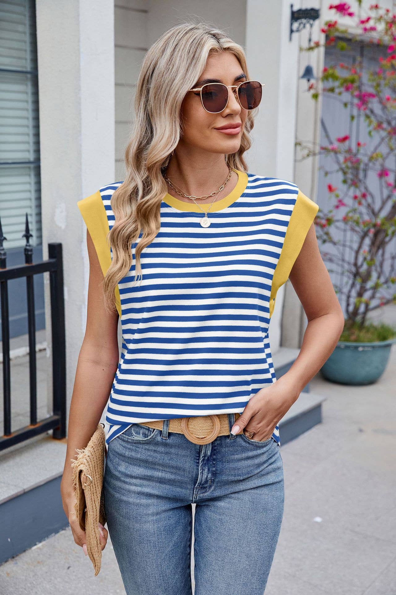 Sleeved striped color-matched crew neck tank top