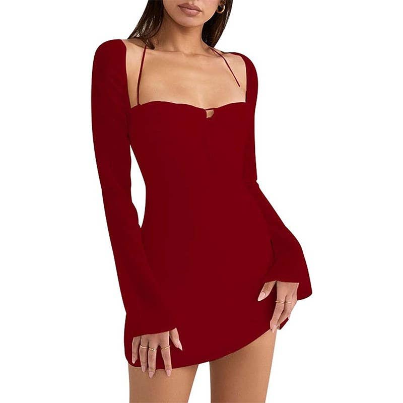 Sexy lace-up halter flared sleeve sheath dress