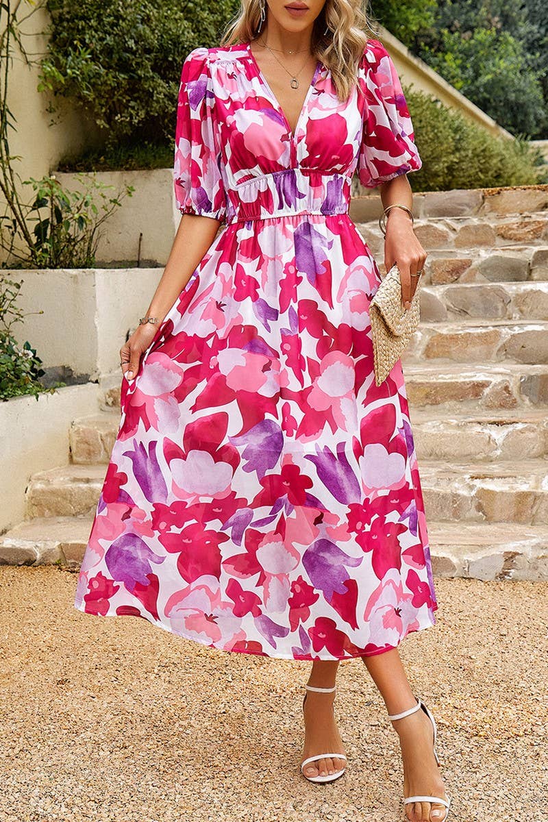 CWDMD0999_Deep V-Neck Short Sleeve Floral Print Dresses