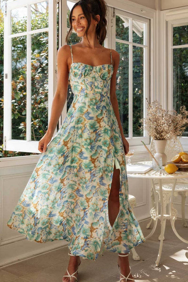 CWDMD5678_FLORAL SPAGHETTI STRAP BACKLESS SPLIT MAXI DRESS