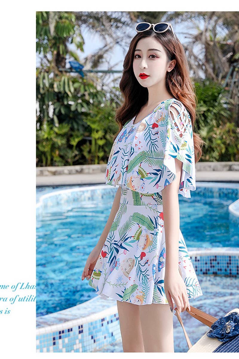 CWMW0864_PRINTED SHORT-SLEEVED SLIM-FIT SWIMSUIT DRESS