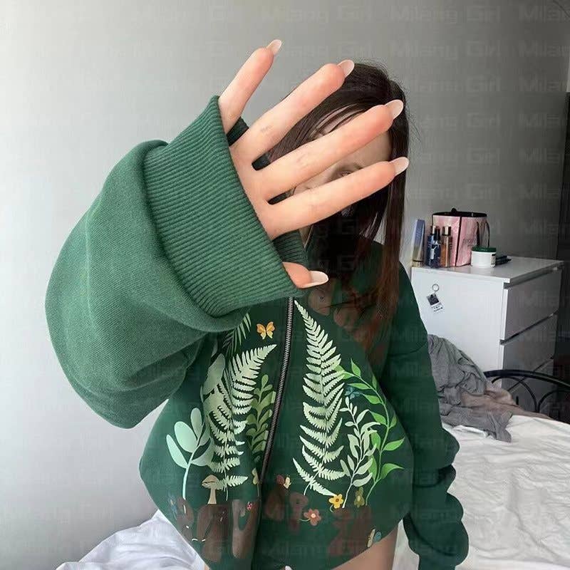 LEAF GRASS BUTTERFLY MUSHROOM PRINTED HOODIE