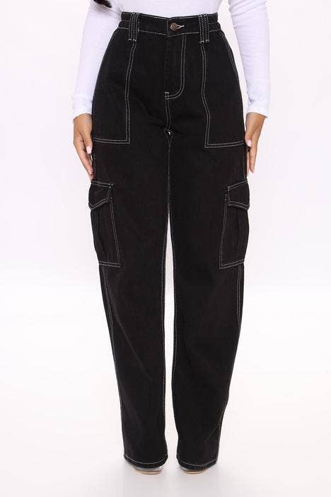 HIGH-WAISTED ELASTIC-WAISTBAND BAGGY CARGO JEANS