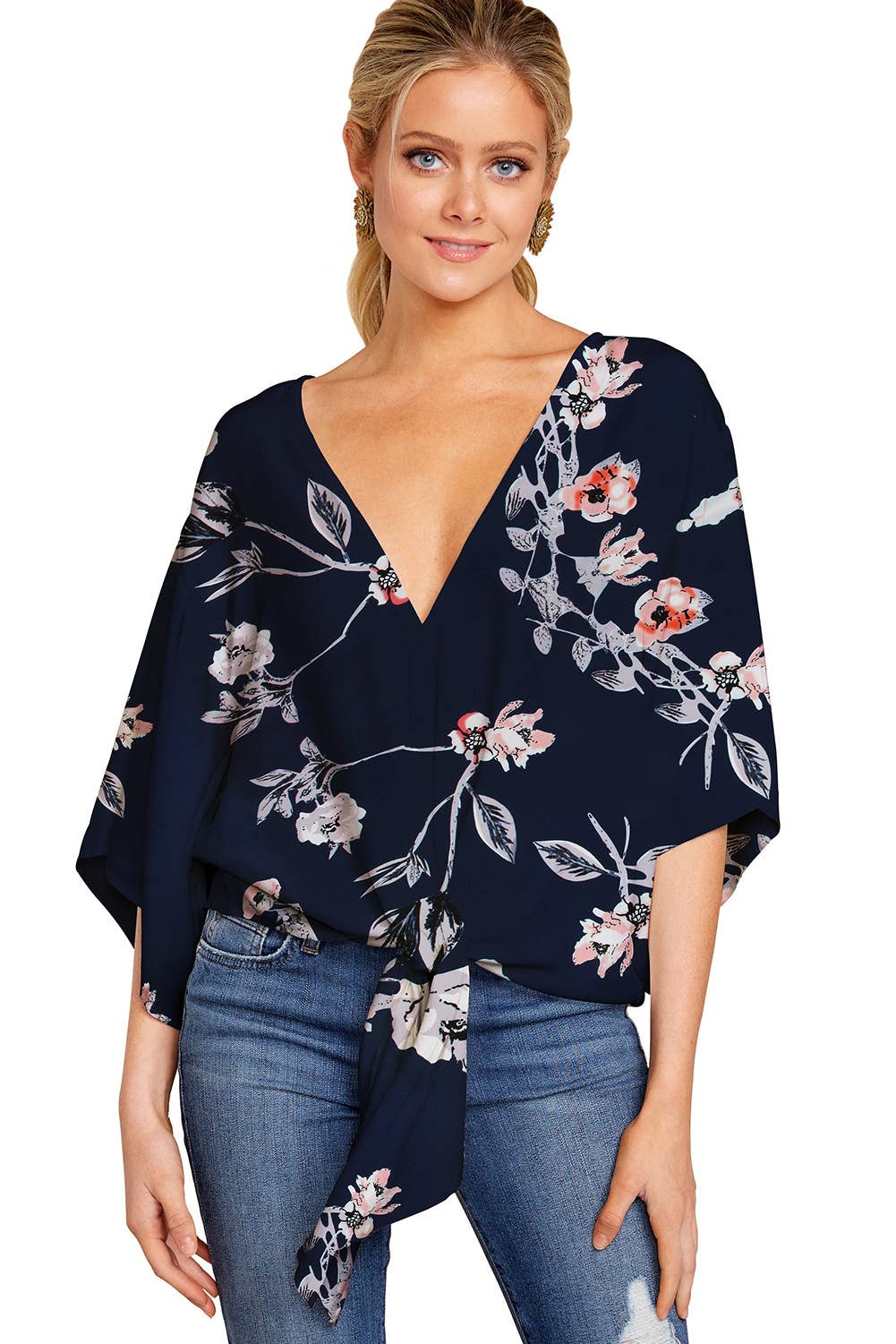 V-neck knotted printed loose sleeved top