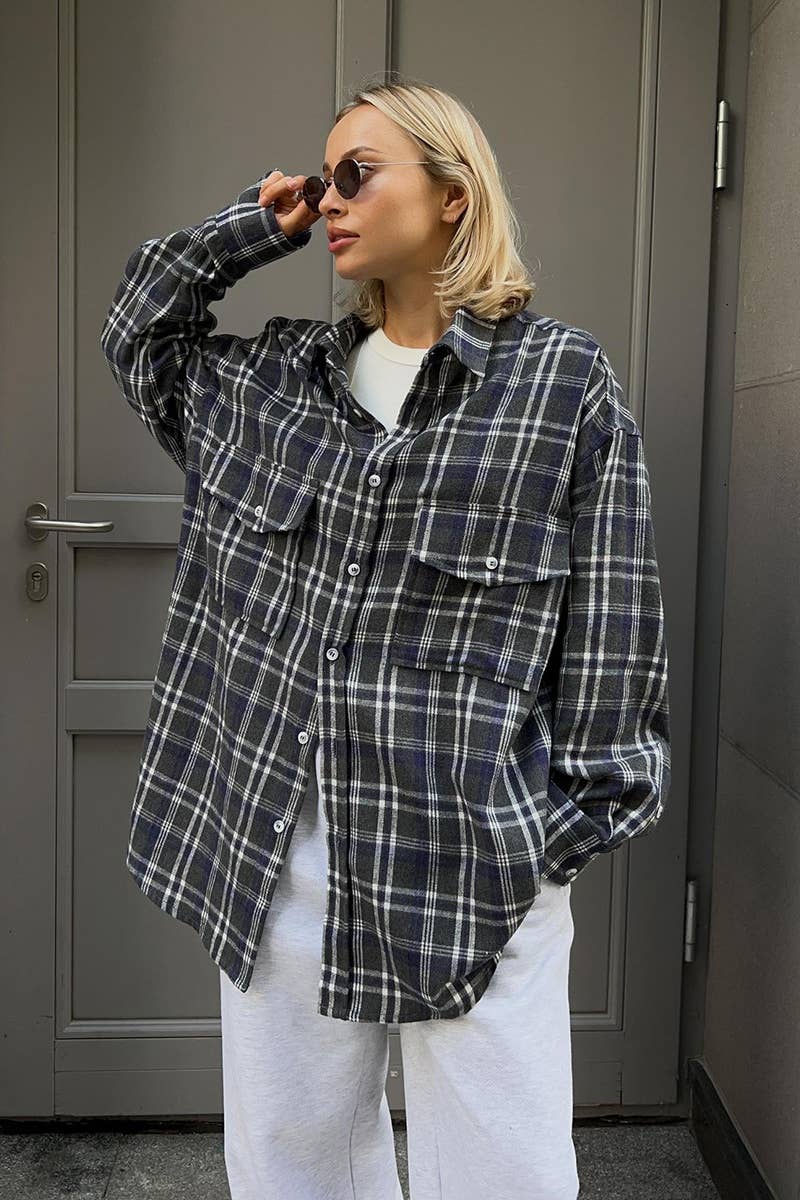 Cwtstl2319_Vintage Plaid Pocket Long Sleeve Shirt Top