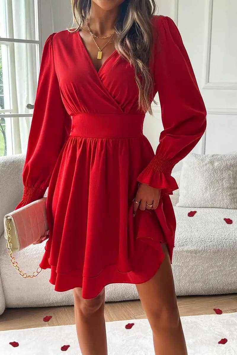 CWDSD8108_SUMMER V-NECK DOUBLE WAIST DRESS