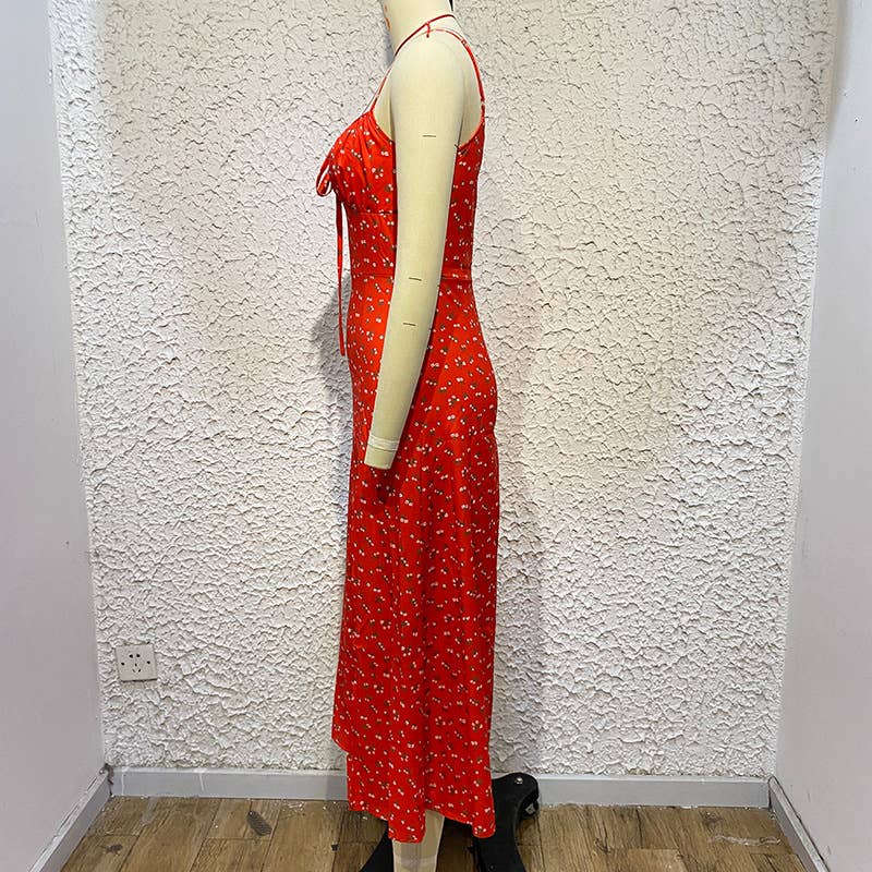 PRINT FLORAL SLIM-FIT SEXY DRESS WITH HIP WRAP