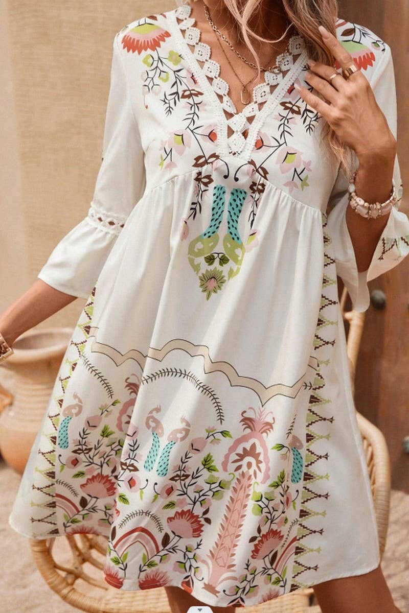 CWDMD4946_SUMMER V-NECK LACE PATCHWORK CASUAL PRINT DRESS