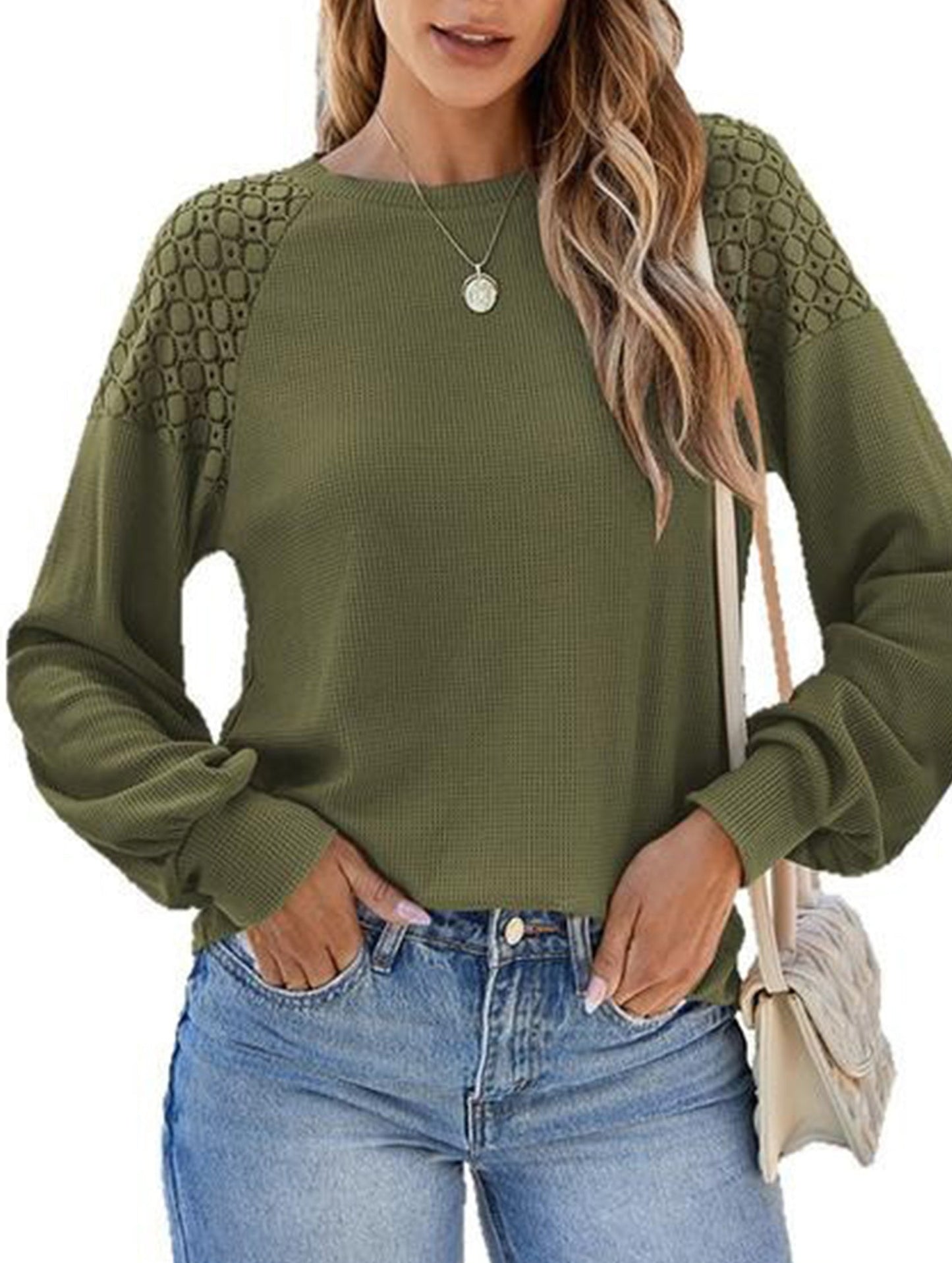 Solid color lace splice pullover long sleeve top