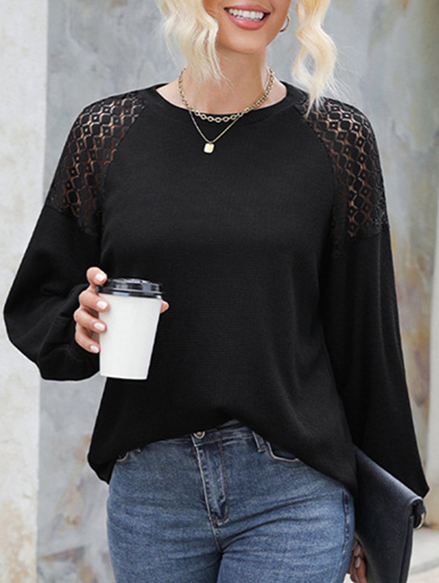 Solid color lace splice pullover long sleeve top