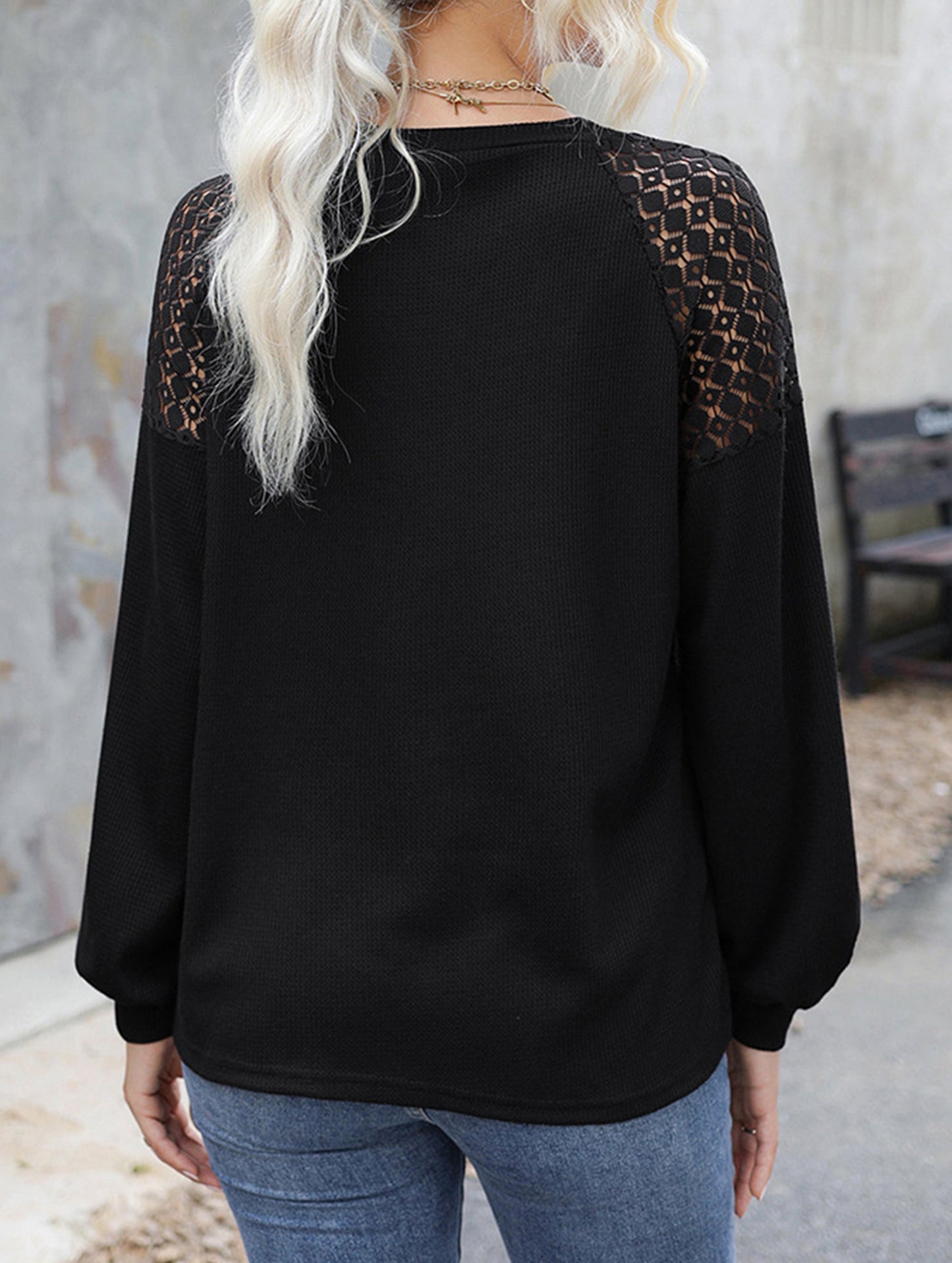 Solid color lace splice pullover long sleeve top