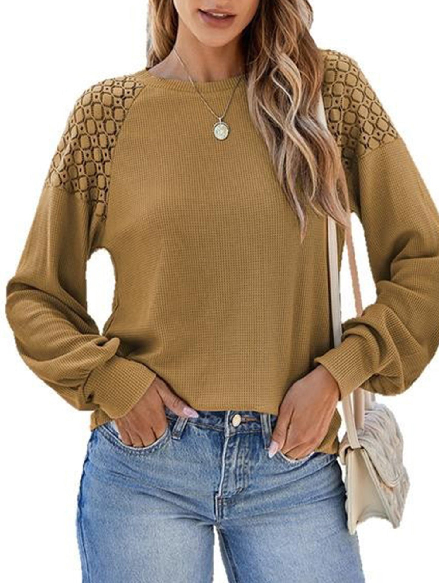 Solid color lace splice pullover long sleeve top