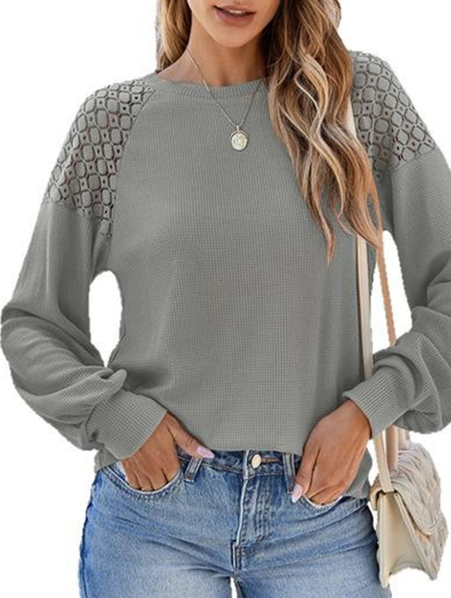 Solid color lace splice pullover long sleeve top