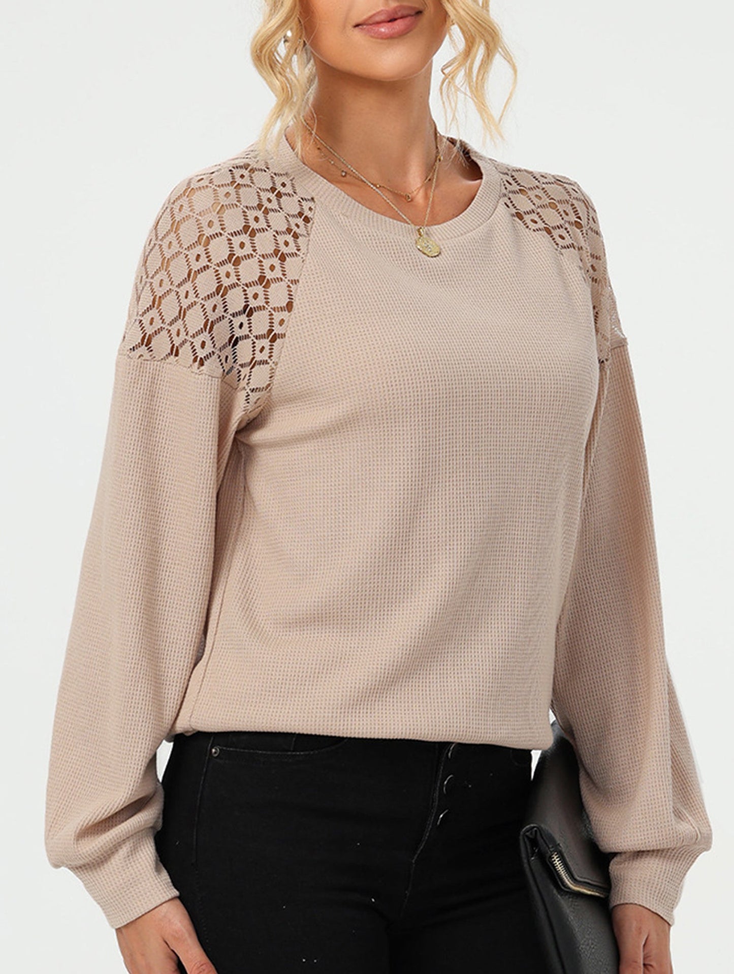 Solid color lace splice pullover long sleeve top