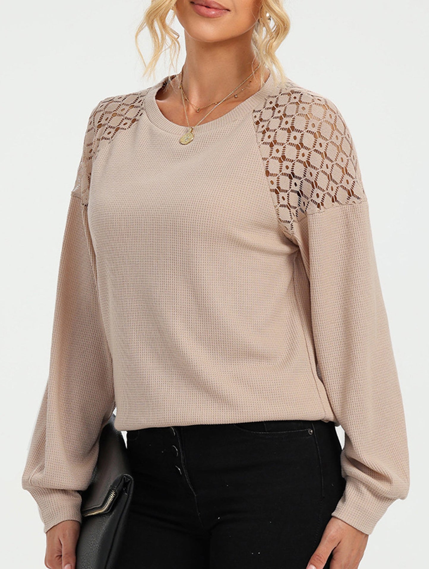 Solid color lace splice pullover long sleeve top