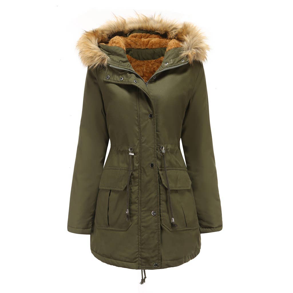 HOODED FUR COLLAR AND FLEECE PADDED JACKET