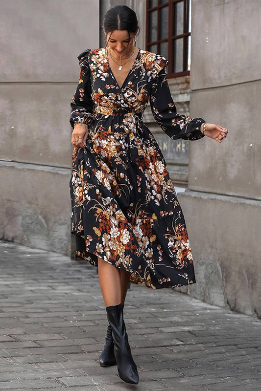 CWDMD4736_NEW LADIES V-NECK PRINTED MIDI DRESS