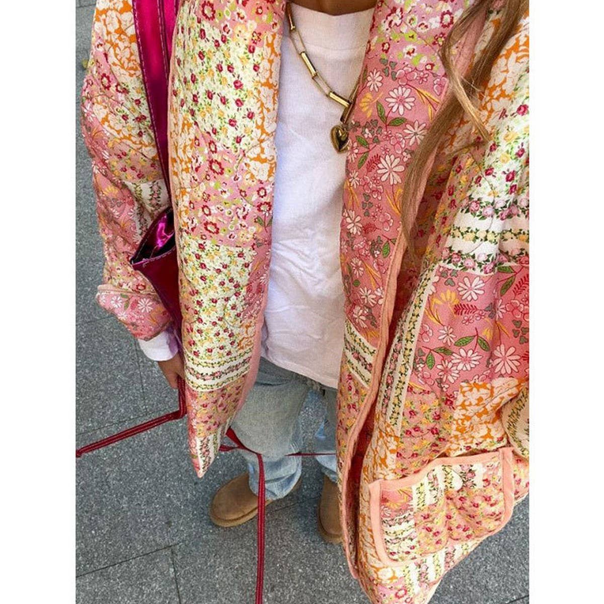 COLORBLOCK PRINT LAPEL QUILTED JACKET