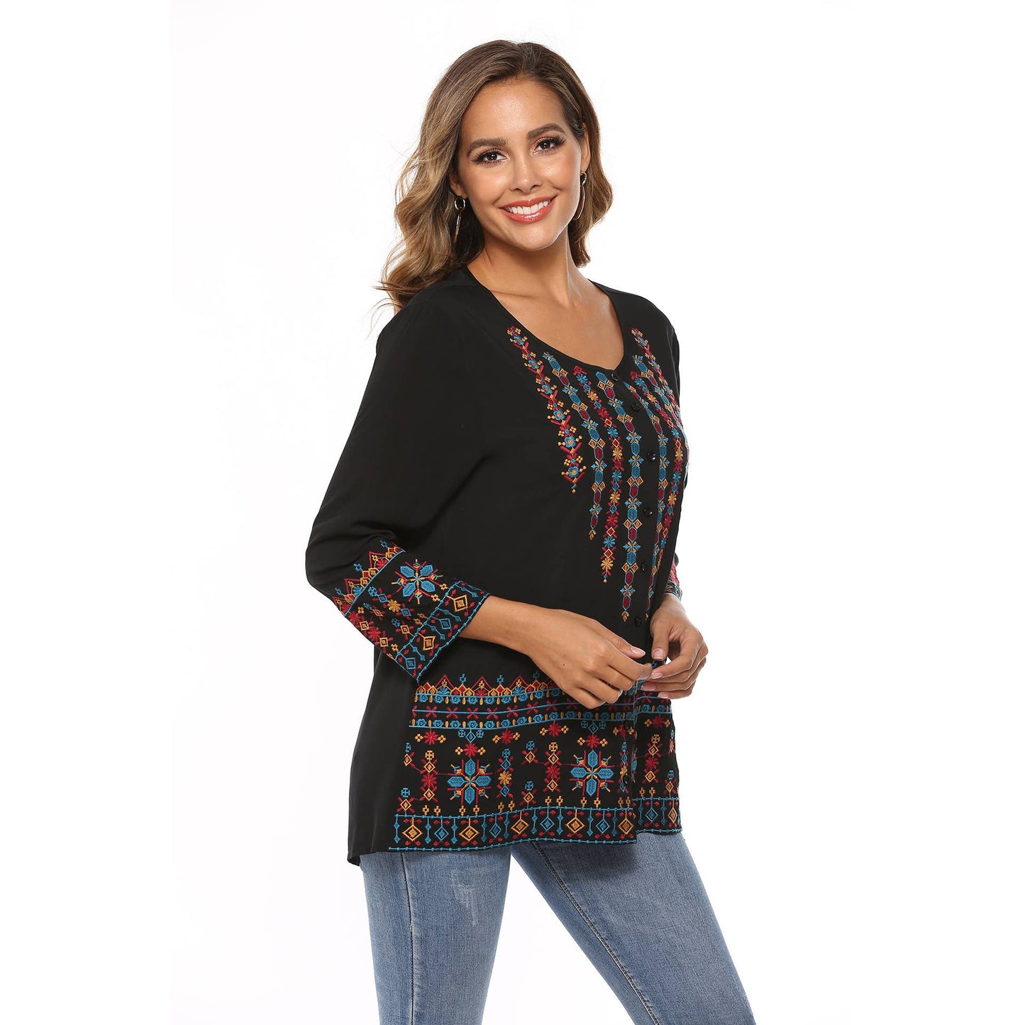 Ethnic embroidered three-quarter sleeve top