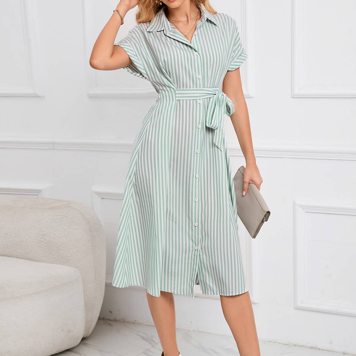 V-neck shirt-style single breasted striped dress