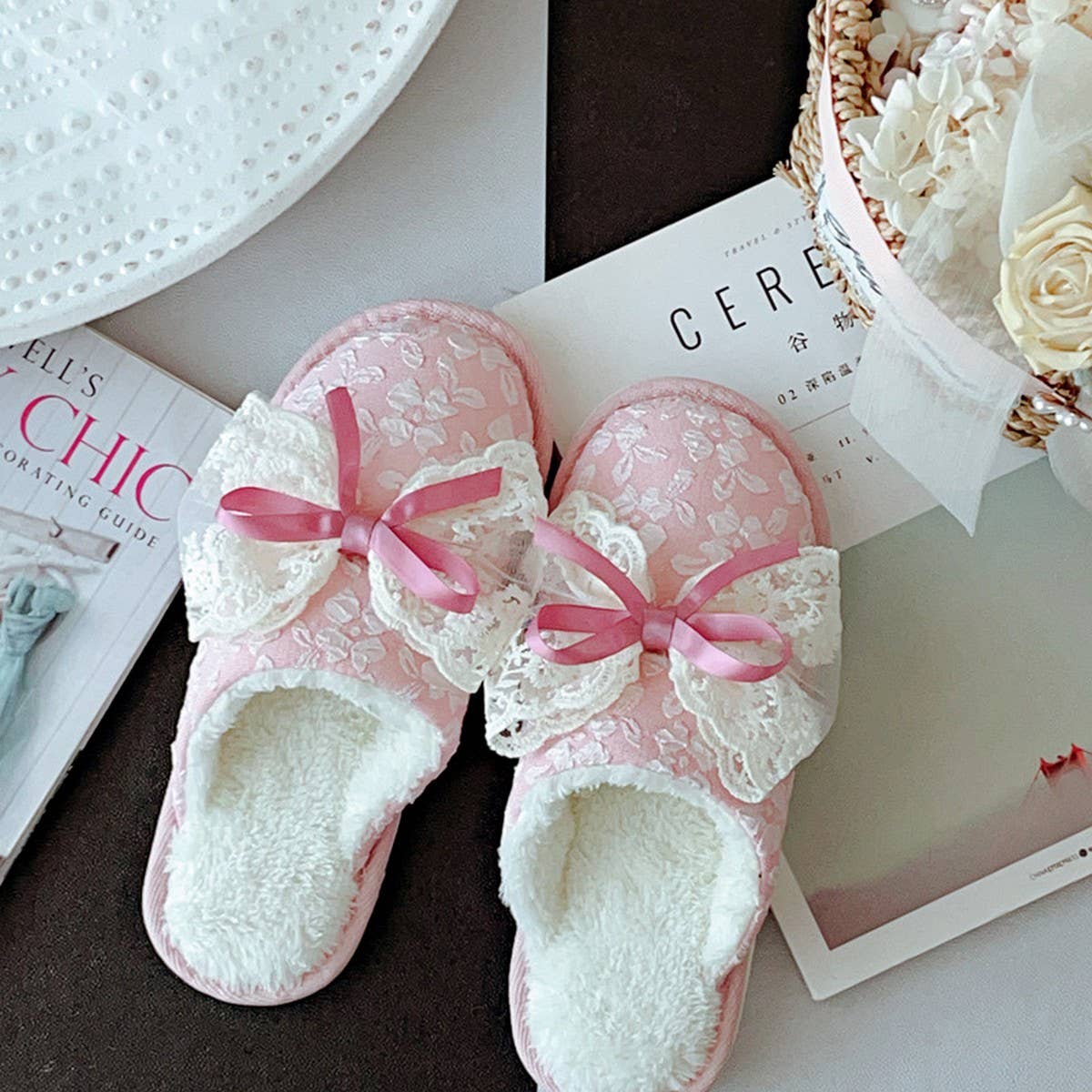 SWEET LACE BOWKNOT COTTON NON-SLIP SLIPPERS