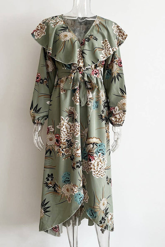 CWDMD4821_RUFFLE COLLAR LONG SLEEVE SLIT WIDE SWING DRESS