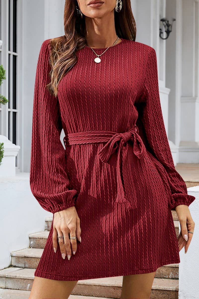 CWDSD7222_NEW STYLE CABLE KNITTED PUFF SLEEVE CASUAL DRESS