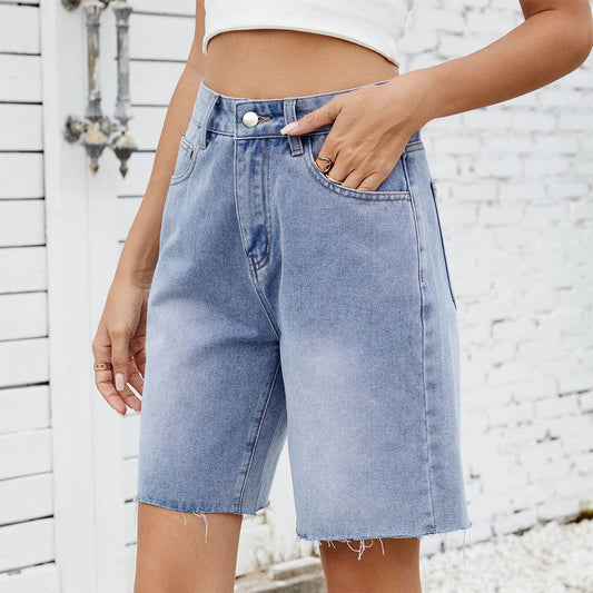 Washed straight leg casual edging denim shorts