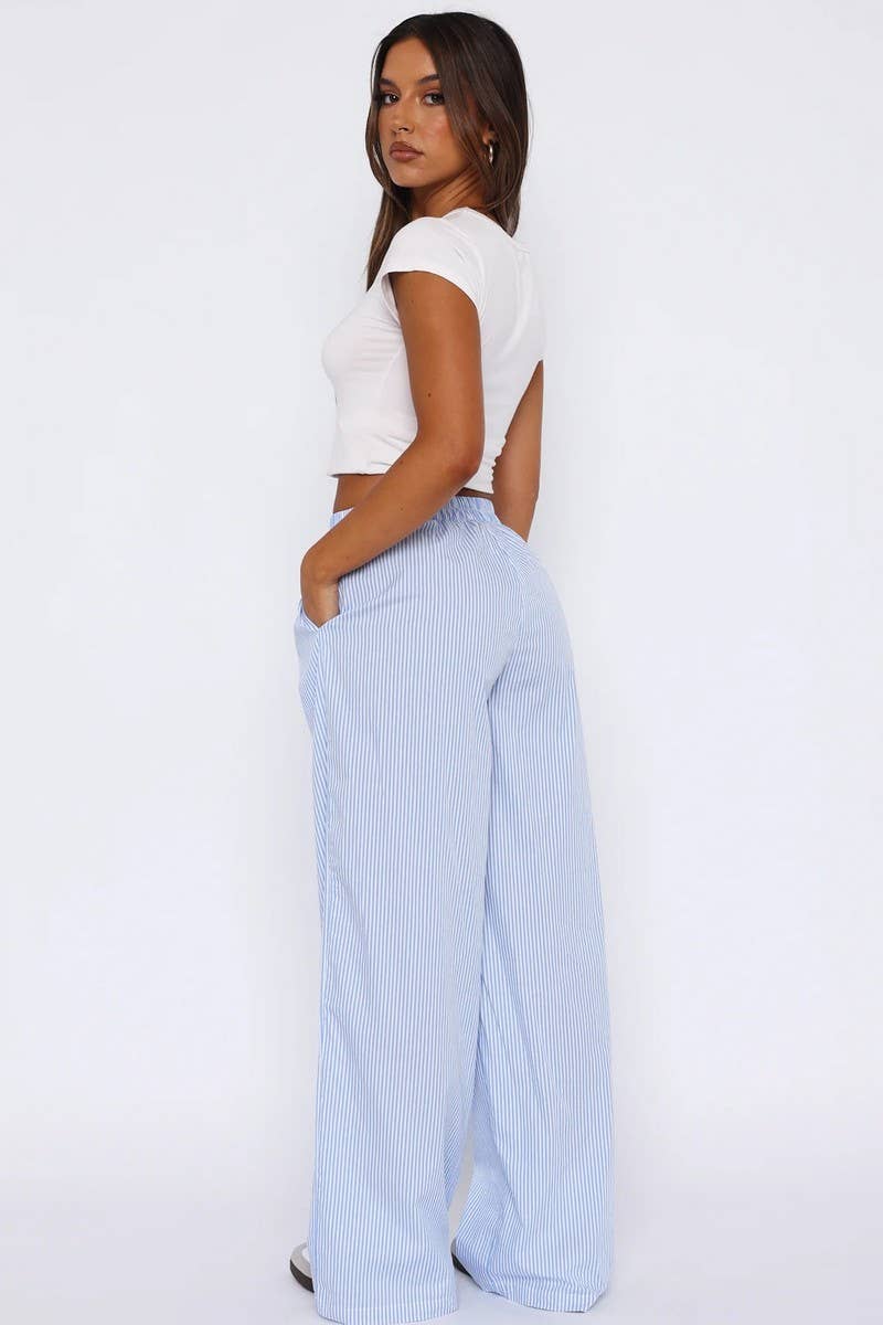 CWBLP1595_CASUAL STRIPED PRINT LOOSE WIDE-LEG TROUSERS