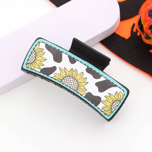 Cow Print Sunflower Hair Claw, Leather Hair Claw_CWAHA0587