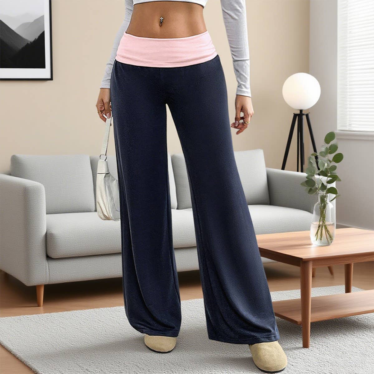 Casual color-blocking wide-leg pants