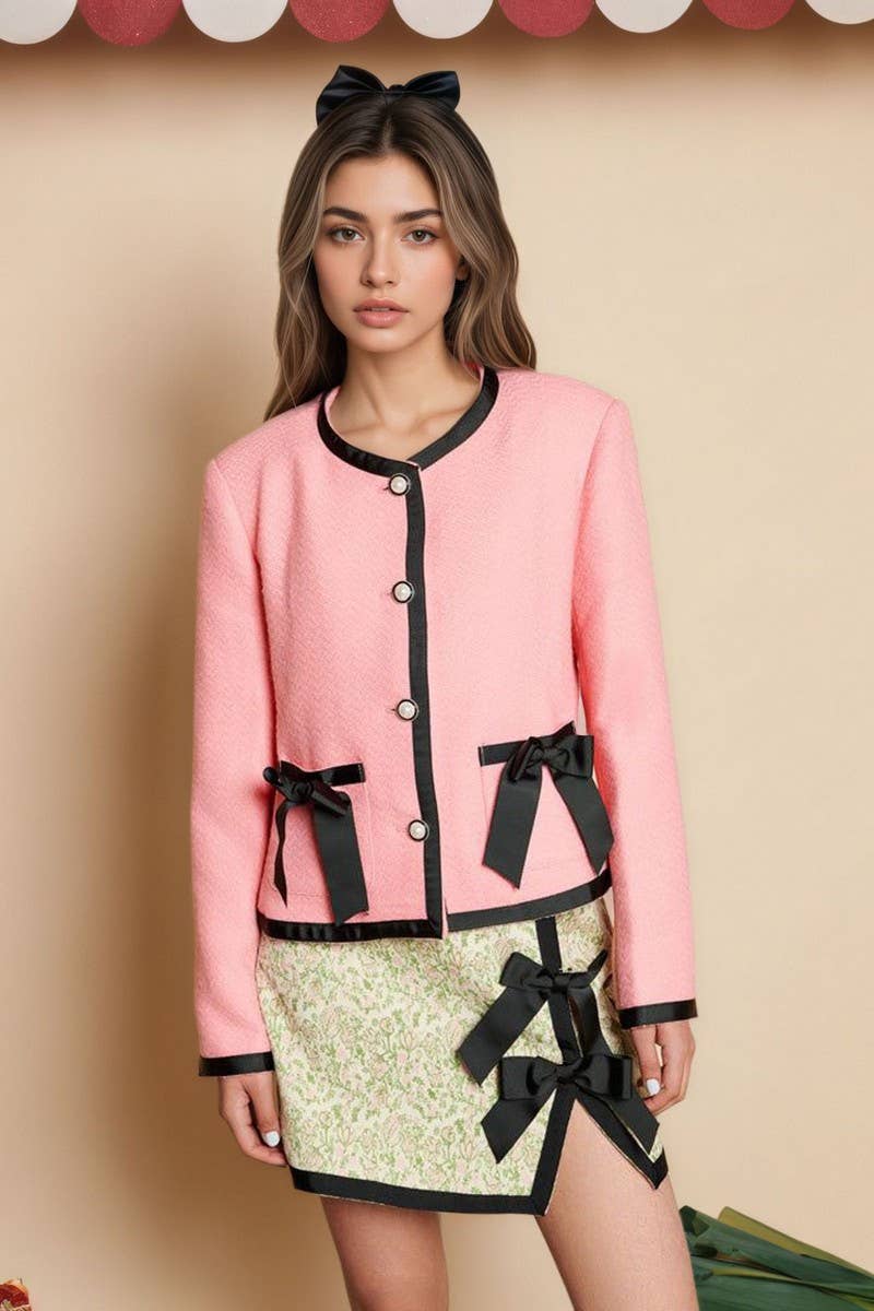 CWOCO1271_DOUBLE POCKET DELICATE BOW LONG SLEEVE JACKET