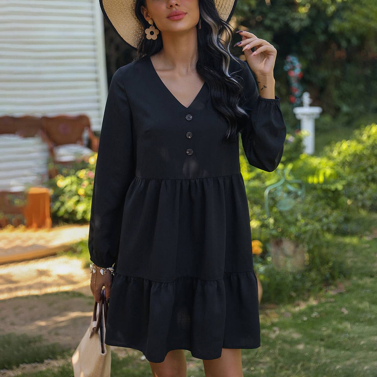 V-NECK SOLID COLOR LOOSE HIGH-WAISTED SHORT DRESS