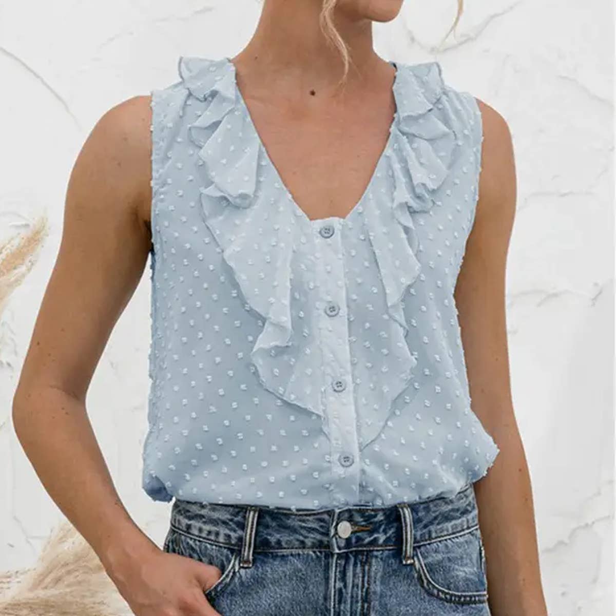SEXY V NECK RUFFLED HALTER BUTTON SHIRT_CWTSTSL0050