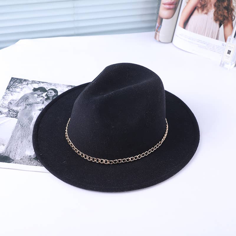 WOMEN CHAIN WIDE-BRIMMED FELT HAT FEDORA_CWAH0595