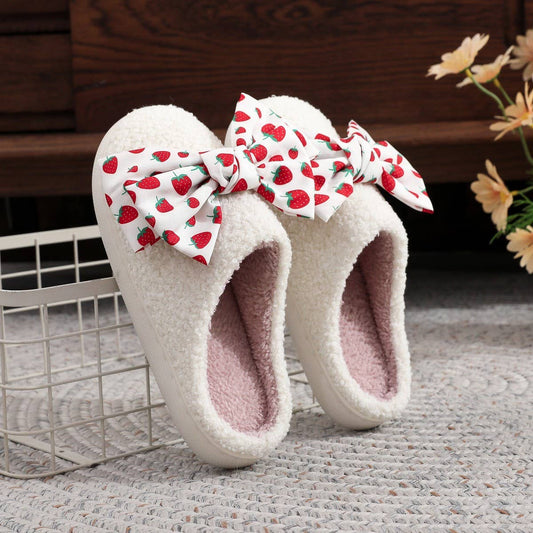 Strawberry Bow Slippers Thick Fuzzy Home Shoes_CWSHF00213