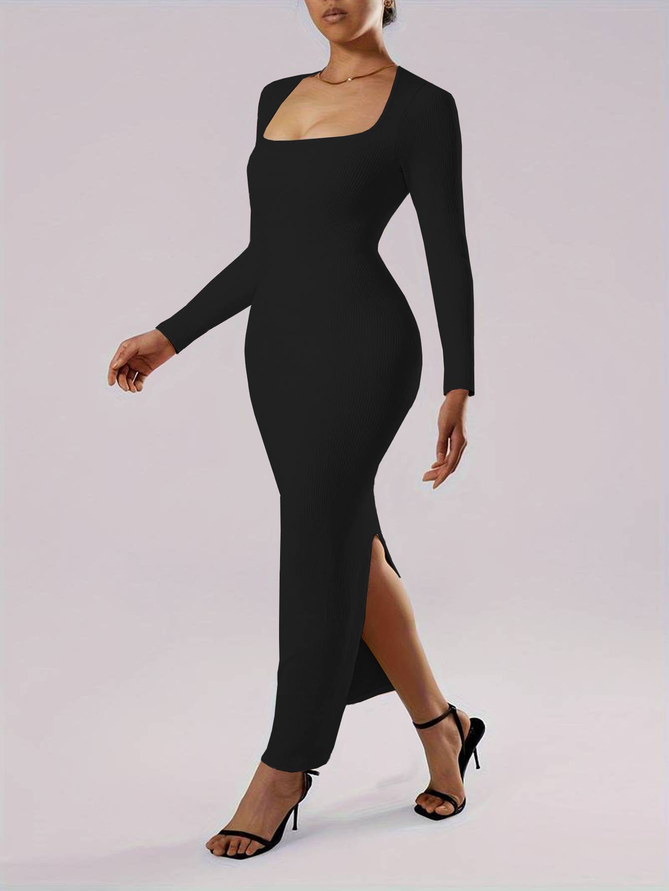 SLIM-FIT WRAP HIPS LONG SQUARE NECK DRESS