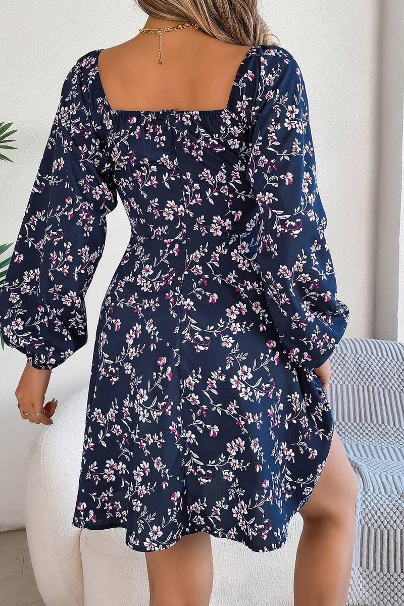 CWDSD5763_TIE UP SQUARE NECK FLORAL LONG SLEEVE DRESS