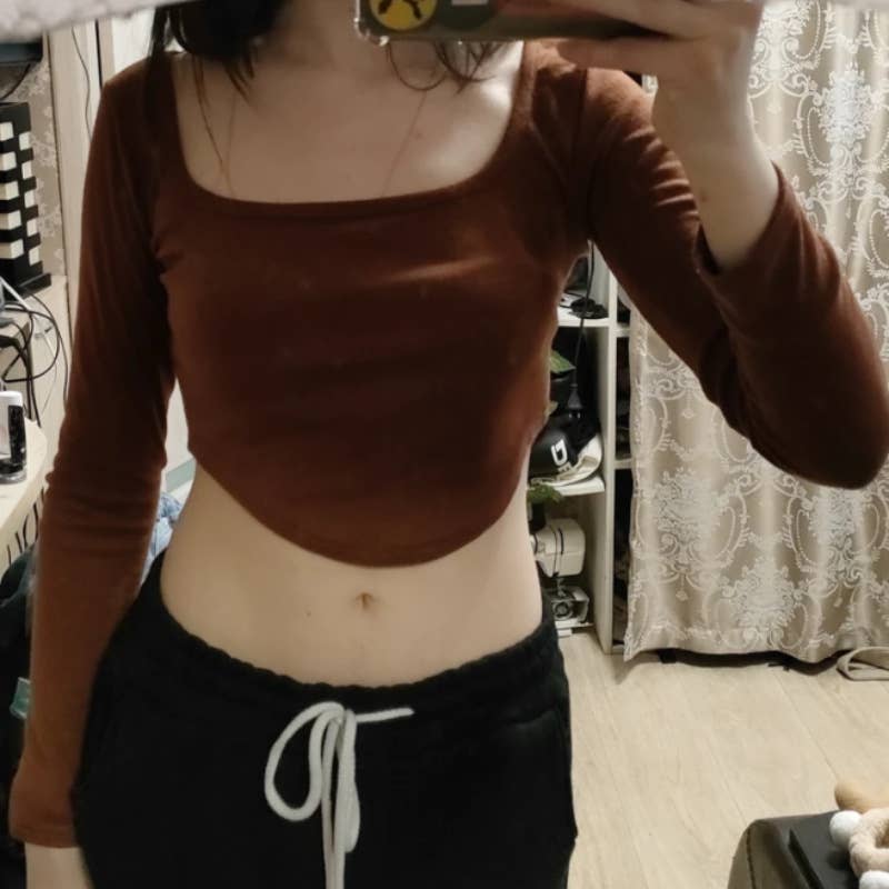 Knitted square-neck solid long-sleeved T-shirt