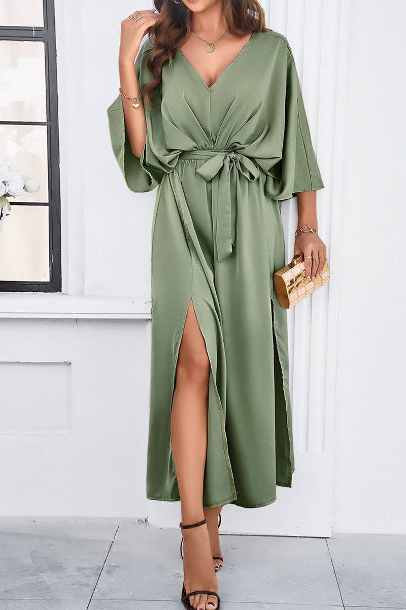 CWDMD1334_V-Neck 3/4 Sleeve With Belt Maxi Dresses