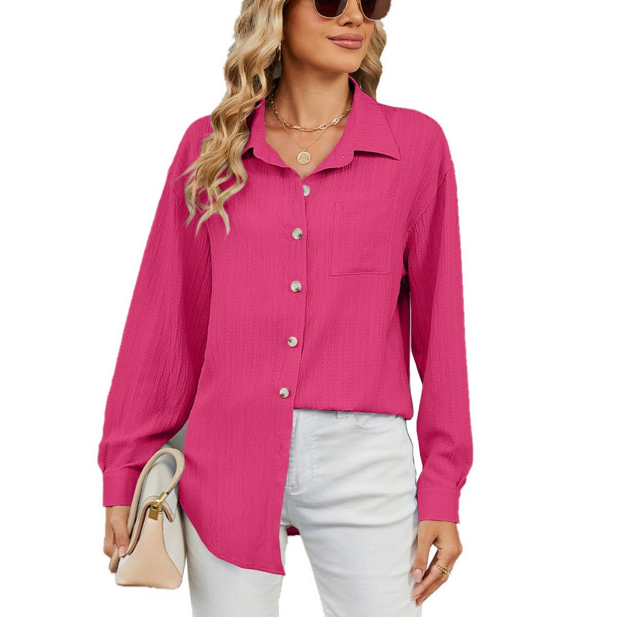 Long sleeve lapel button solid color shirt